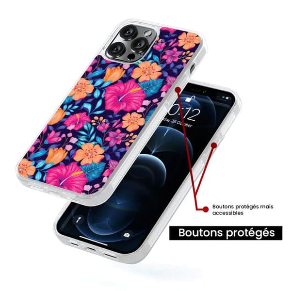Förstärkt silikonfodral med tryck kompatibelt med Apple iPhone 13 Pro Exotiska Blommor Transparent