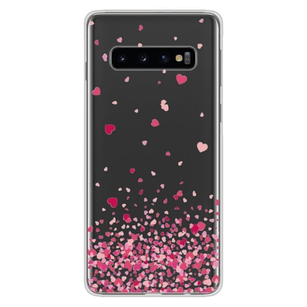 Tryckt silikonfodral som är kompatibelt med Samsung Galaxy S10 Plus Pink Heart Confetti Transparent