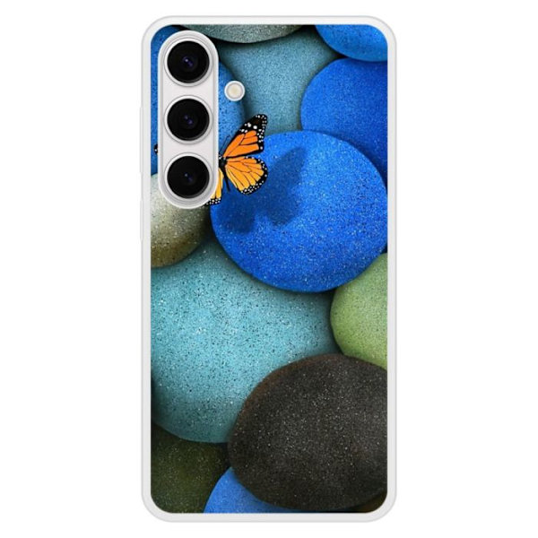 Siliconeförstärkt skal med tryck kompatibelt med Samsung Galaxy S24 Plus Blå fjäril småsten Transparent