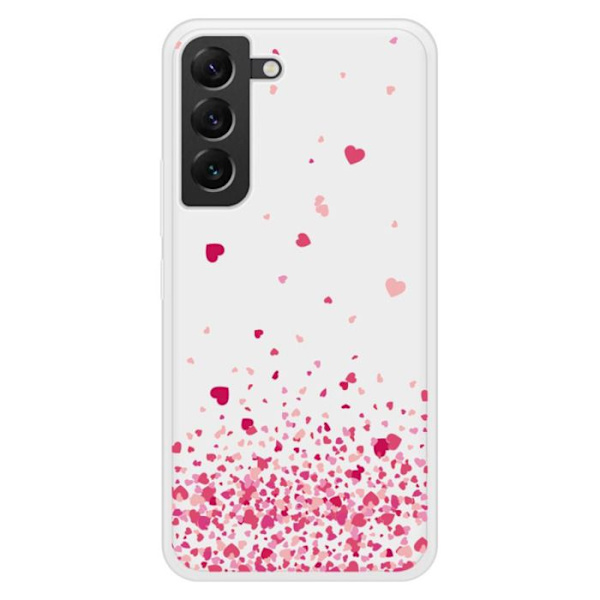 Siliconeförstärkt skal med tryck kompatibelt med Samsung Galaxy S22 Plus, Rosa Hjärtconfetti Transparent