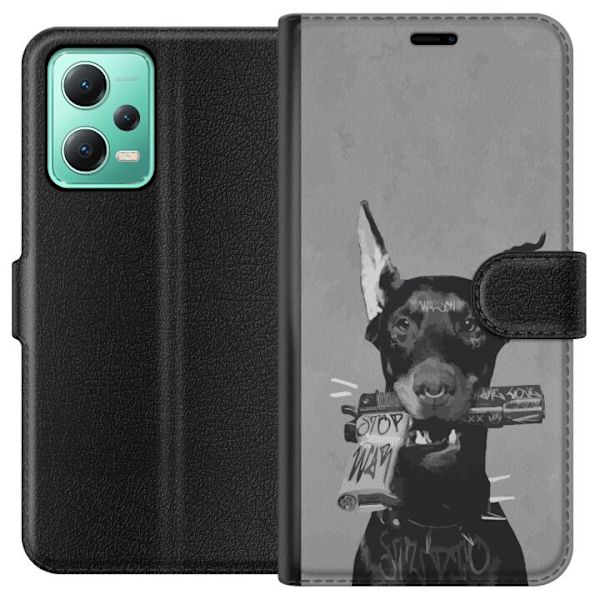 Xiaomi Redmi Note 12 Lompakkokotelo Harmaa Koira Graafinen Suunnittelu Kovan Eläinaiheen Katutaide Urbaani Trendi Koiran Ystävä Tyyli Suosittu Aihe