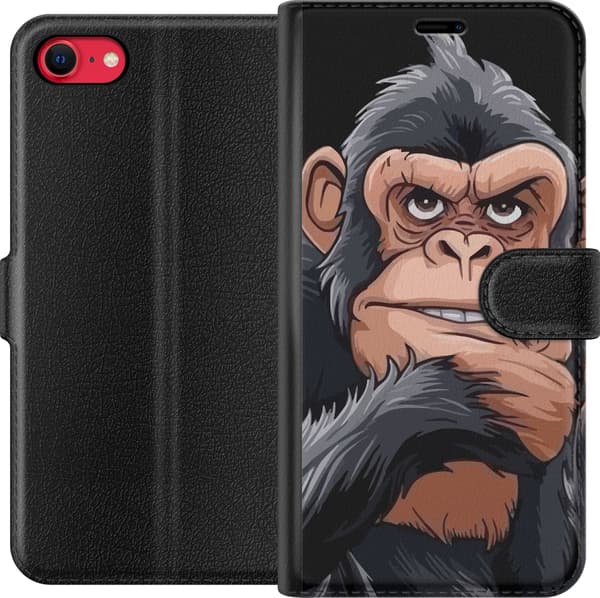 Kompatibel Tegnebogsetui til Apple iPhone SE (2022) Illustreret chimpanse med cigar, der viser langfingeren mod sort baggrund sort