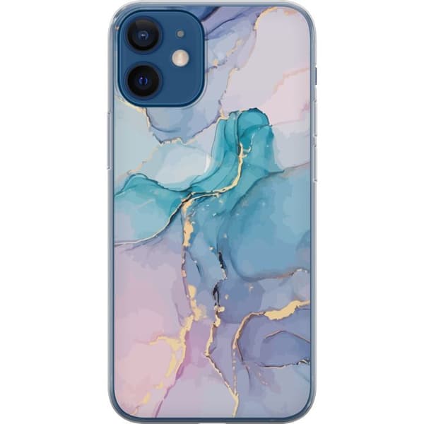 Kompatibelt Mobildeksel til Apple iPhone 12 mini Abstrakt blå pastellmarmor med tynne gulldetaljer