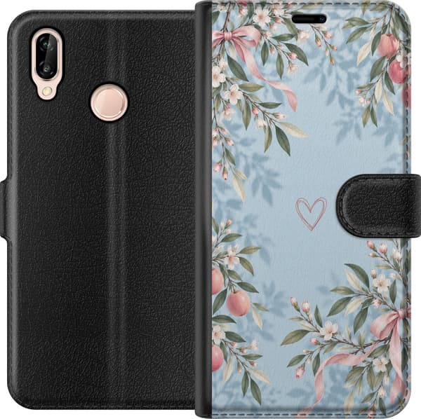 Kompatibel Tegnebogsetui til Huawei P20 lite Blomsterhjerte blå