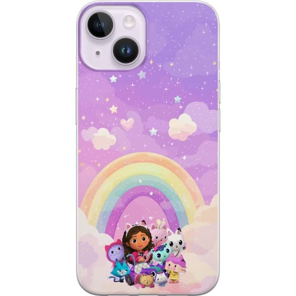 Kompatibelt Mobilskal till Apple iPhone 14 Plus  Gabby och kattvänner under en regnbåge bland moln lila