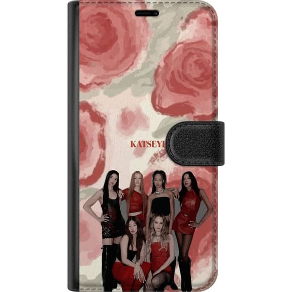 Kompatibel Tegnebogsetui til Samsung Galaxy A54 KATSEYE i elegant gruppeportræt med røde og sorte outfits mod blød abstrakt baggrund rød
