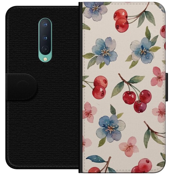 OnePlus 8 Lompakkokotelo Marjat & Kukat - kuvio, jossa on sinisiä kukkia ja metsänmarjoja