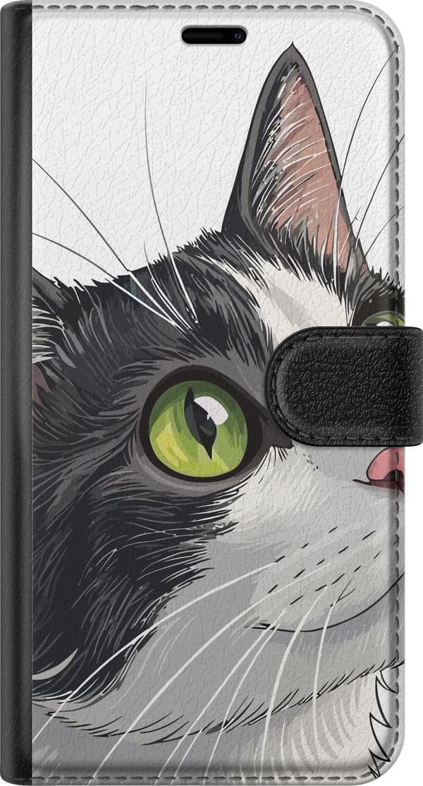 Kompatibel Tegnebogsetui til Google Pixel 10a Detaljeret illustration af sort/hvid kat med store grønne øjne og lyserød næse sort
