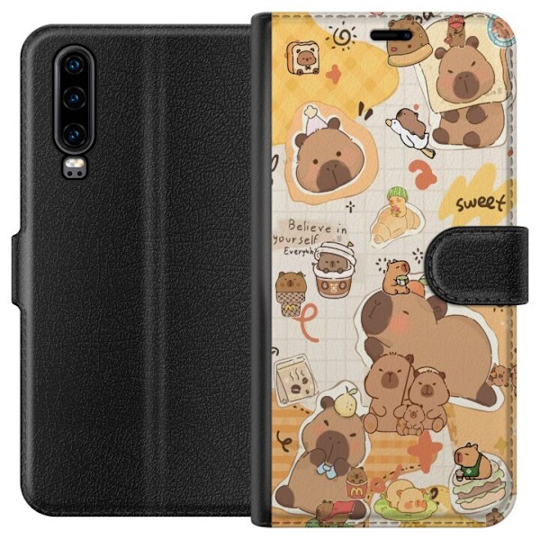 Huawei P30 Lompakkokotelo Kawaii capybara mobilskal med gulliga djurmotiv