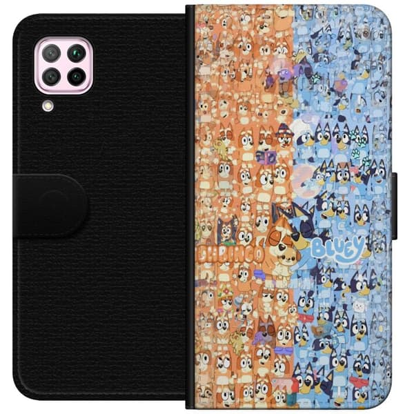 Kompatibel Tegnebogsetui til Huawei P40 lite Collage med Bluey, Bingo og venner i farverigt design blå