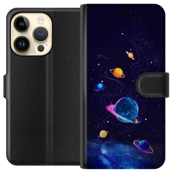 Kompatibel Tegnebogsetui til Apple iPhone 14 Pro Farlige planeter og stjerner i et animeret rumlandskab blå