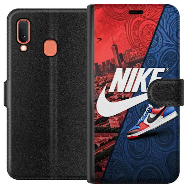 Samsung Galaxy A20e Plånboksfodral Nike Logotyp Röd Blå Sneaker Stil Sport Fashion Populärt Swoosh Motiv Träningskläder Grafisk Ikon