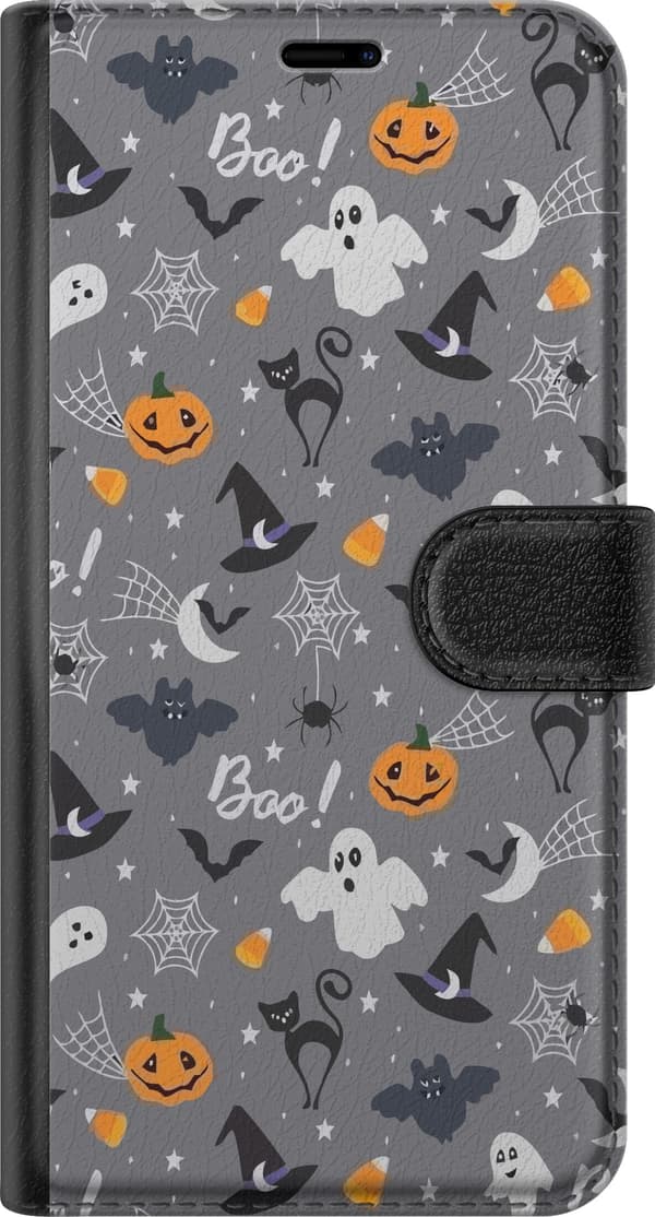 Kompatibel Tegnebogsetui til Apple iPhone X Halloweenmønster med spøgelser, sorte katte, græskar, flagermus og edderkoppespind grå