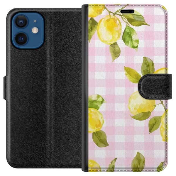 Kompatibel Tegnebogsetui til Apple iPhone 12 mini citronmønster pink ternet pastel frisk sommerlig design