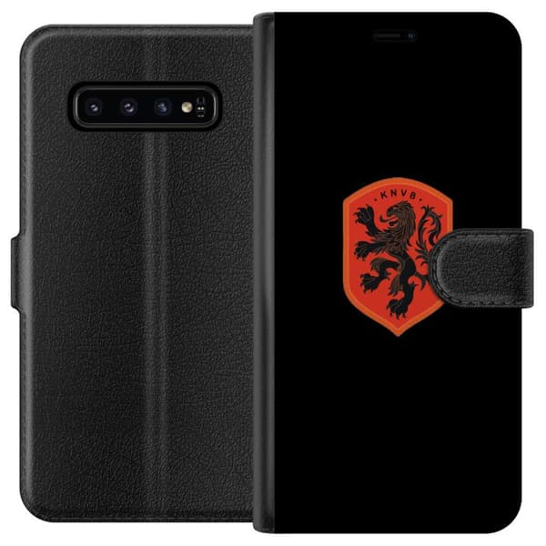Kompatibel Tegnebogsetui til Samsung Galaxy S10 Orange skjold med sort heraldisk løve mod sort baggrund sort