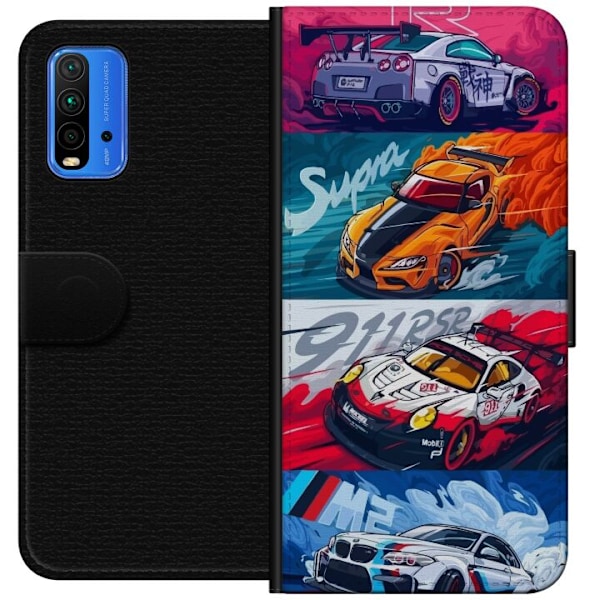 Xiaomi Redmi Note 9 4G Lompakkokotelo Nopeat Autot - Piirretty Kuvio Toiminnalla