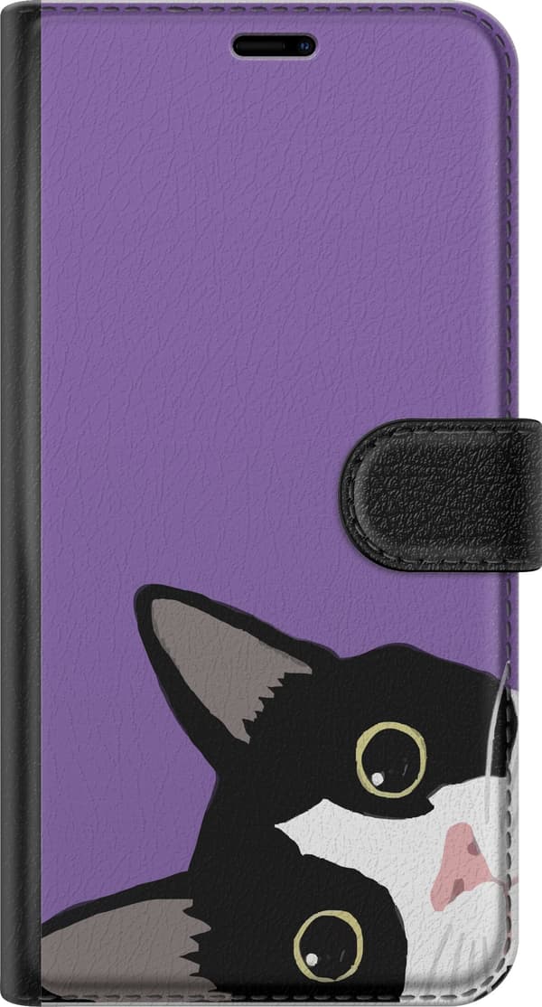 Kompatibel Tegnebogsetui til Apple iPhone 11 Pro Sort-hvid kat, der kigger frem mod lilla baggrund, legende illustreret kattemotiv lilla