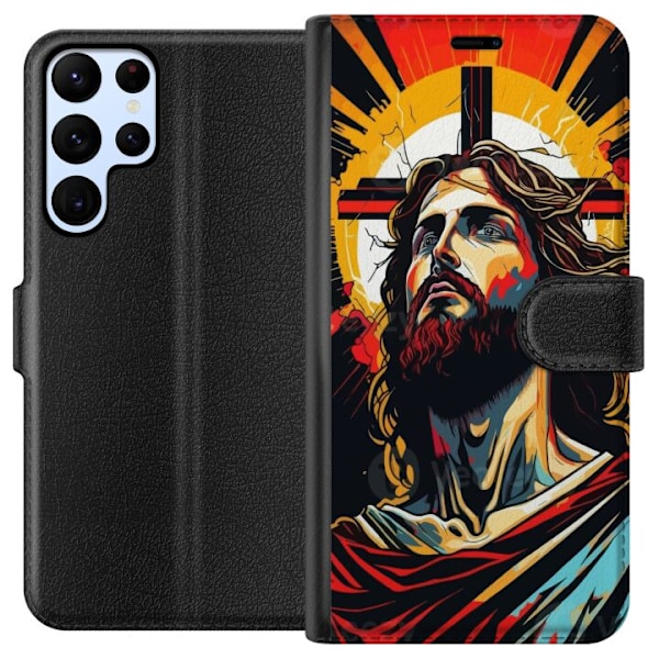 Samsung Galaxy S22 Ultra 5G Lompakkokotelo Jeesus ja Kortti - uskonnollinen motiivi syvällä symboliikalla