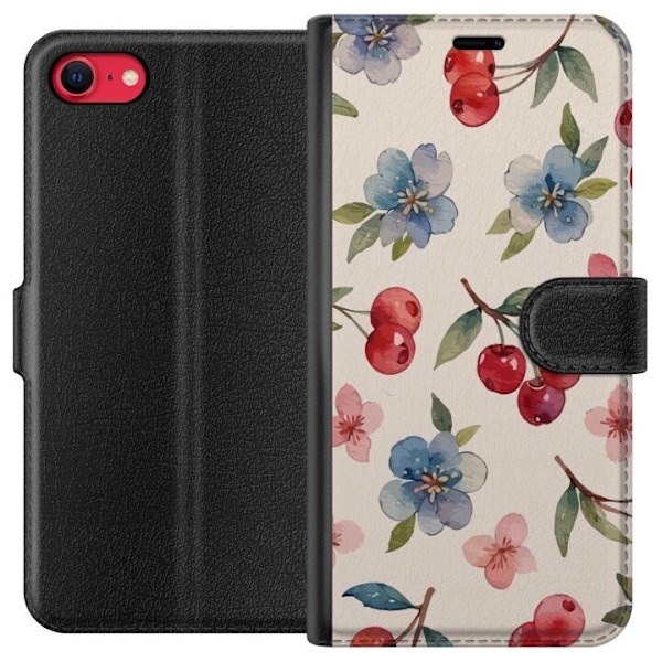 Apple iPhone 7 Tegnebogsetui Bær & Blomster - mønster med bl