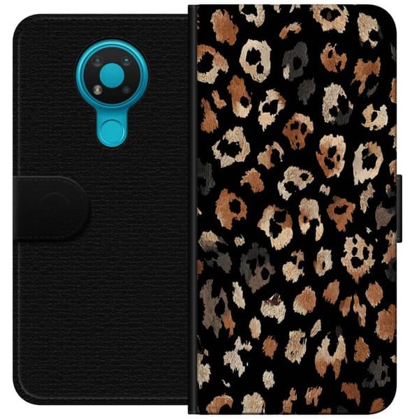 Kompatibel Tegnebogsetui til Nokia 3.4 Stilrent leopardmønster i brun, beige og sort på mørk baggrund sort