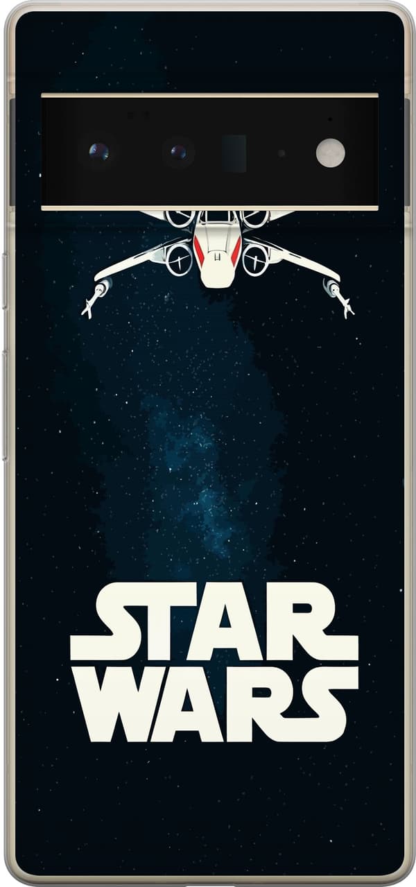 Kompatibel Mobilcover til Google Pixel 6 Pro Hvidt Star Wars-navn og rumskib mod en mørk stjernehimmel sort