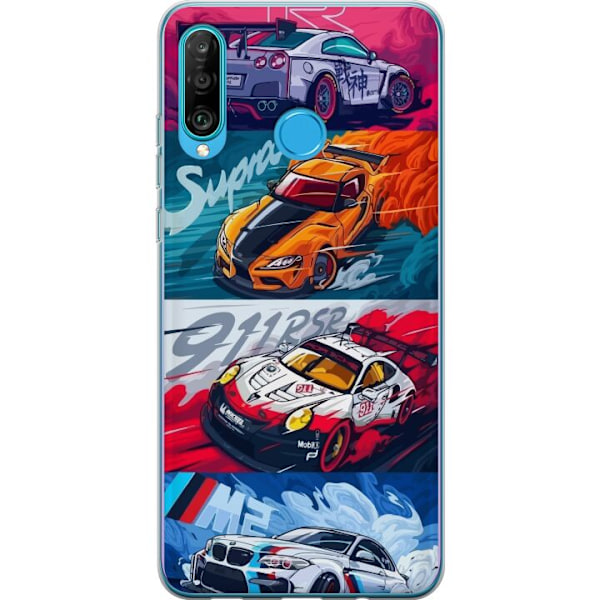 Huawei P30 lite Läpinäkyvä kuori Nopeat Autot - Piirretty K