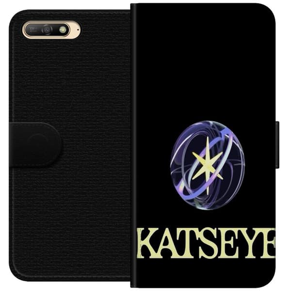 Kompatibel Tegnebogsetui til Huawei Y6 (2018) KATSEYE-logo med gul stjerne, lilla omløbsringe og lys typografi mod sort baggrund sort