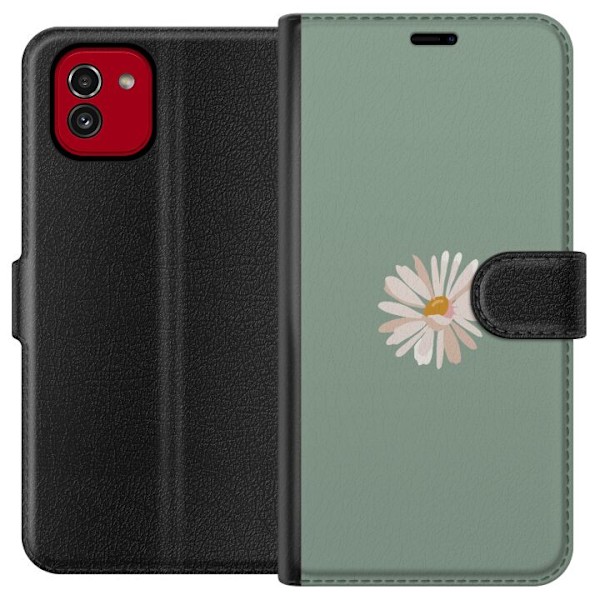 Samsung Galaxy A03 Plånboksfodral Grön Minimalblomma – stilren blomma på grön bakgrund