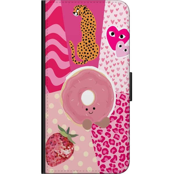Kompatibelt Lommeboketui til Xiaomi Redmi Note 9 4G Rosa collage med leopard, hjerter, donut, jordbær, prikker og dyremønster rosa