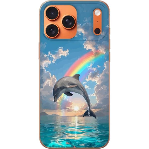 Kompatibelt Mobilskal till Apple iPhone 17 Pro Max Realistisk delfin framför regnbåge över lugnt hav blå