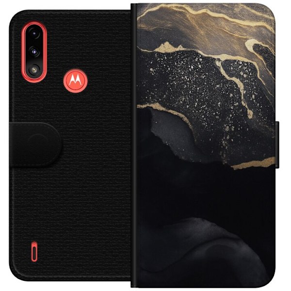 Motorola Moto E7 Power Tegnebogsetui Sort guld abstrakt