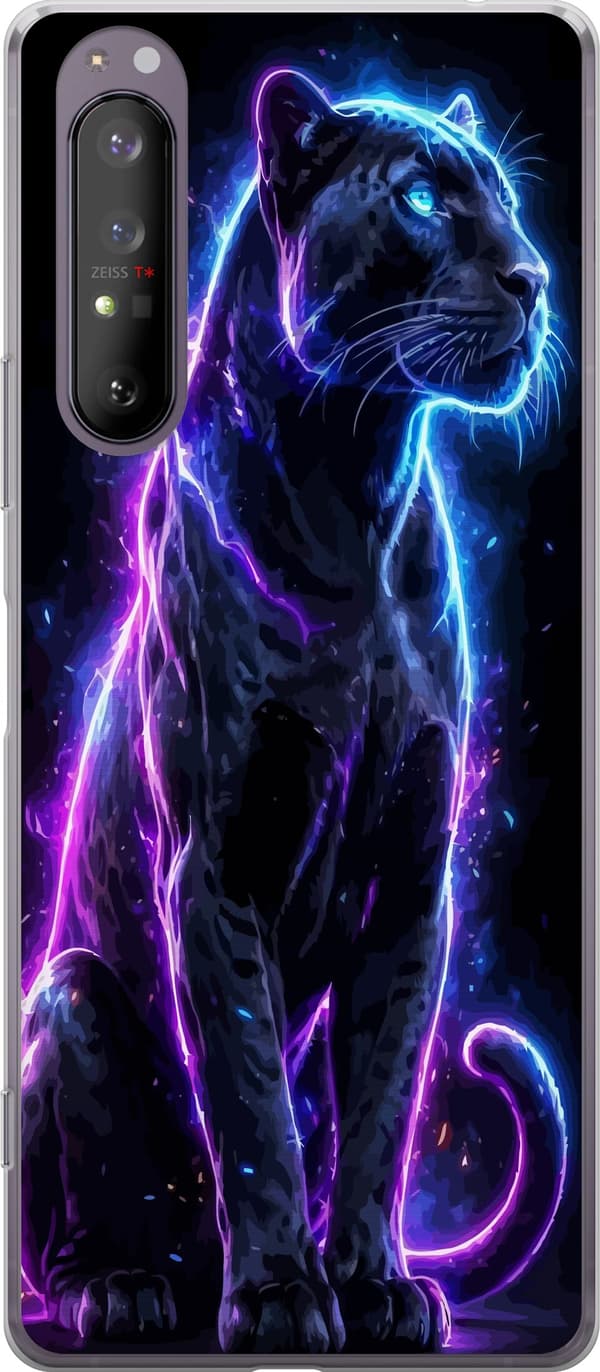 Kompatibel Mobilcover til Sony Xperia 1 II Sort panter med blå og lilla neonlinjer mod sort baggrund sort