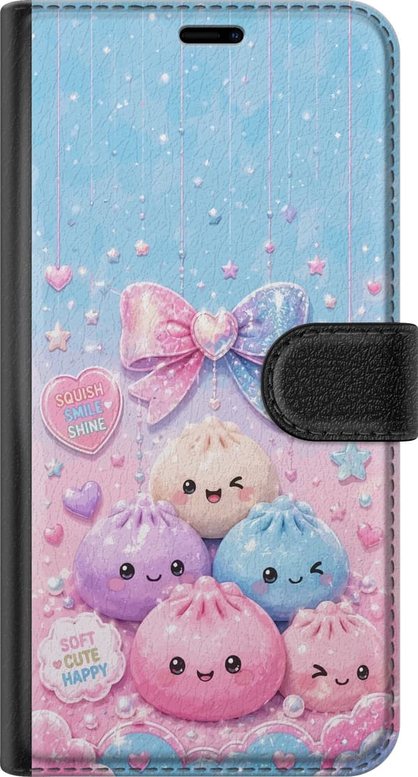 Kompatibel Tegnebogsetui til Apple iPhone 17 Søde pastel figurer med stor sløjfe, hjerter og stjerner i rosa og blå nuancer pink