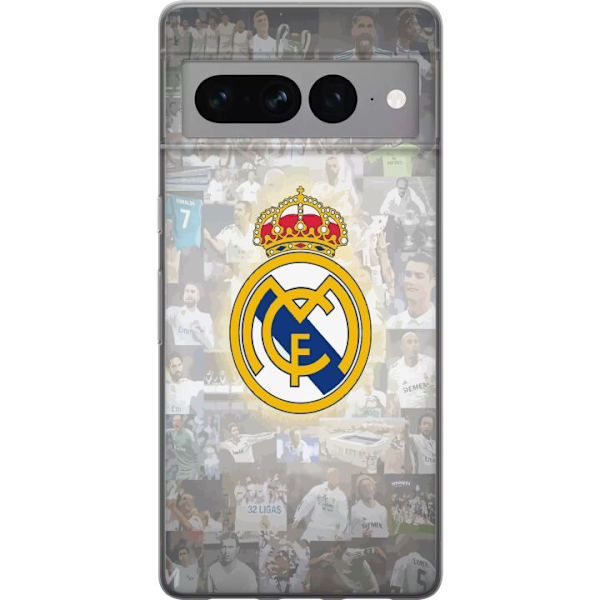 Google Pixel 7 Pro Läpinäkyvä kuori Real Madrid -emblem Jalkapallokerho Tunnuksella Valkoinen Kulta Design Mestarien Liiga Mestari La Liga Fanit Ik