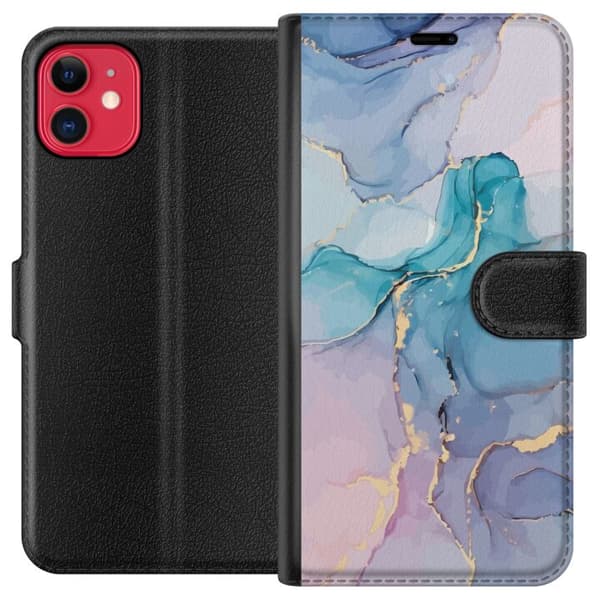 Kompatibel Tegnebogsetui til Apple iPhone 11 Abstrakt blå pastelmarmor med tynde gulddetaljer