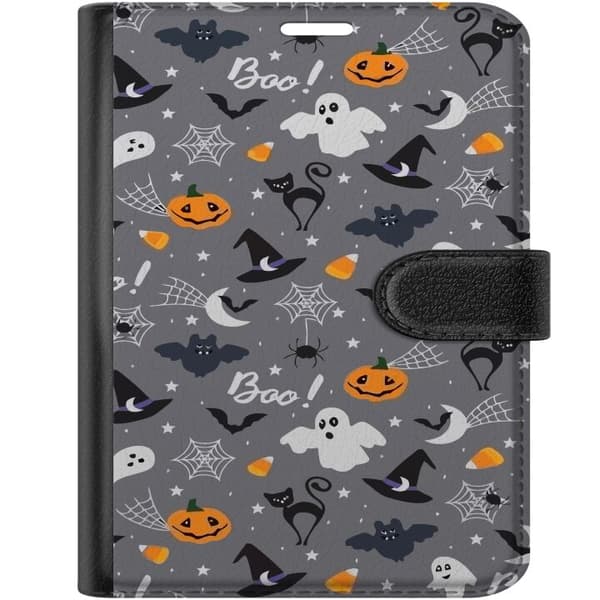 Kompatibel Tegnebogsetui til Apple iPhone Duo Halloweenmønster med spøgelser, sorte katte, græskar, flagermus og edderkoppespind grå