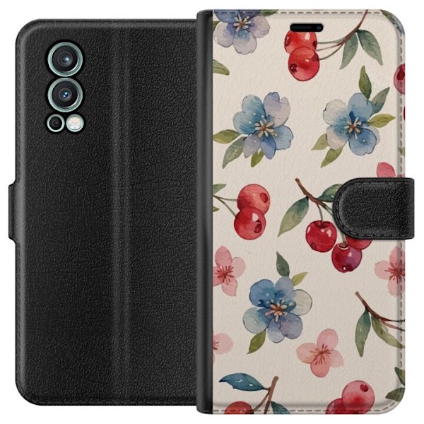 OnePlus Nord 2 5G Tegnebogsetui Bær & Blomster - mønster med blå blomster og skovbær
