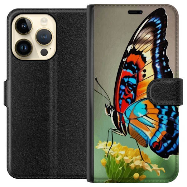 Apple iPhone 15 Pro Plånboksfodral Fjäril Natur Sommar Motiv Vingar Färgstark Design Populär Dekor Grafiskt Exotiskt Tema