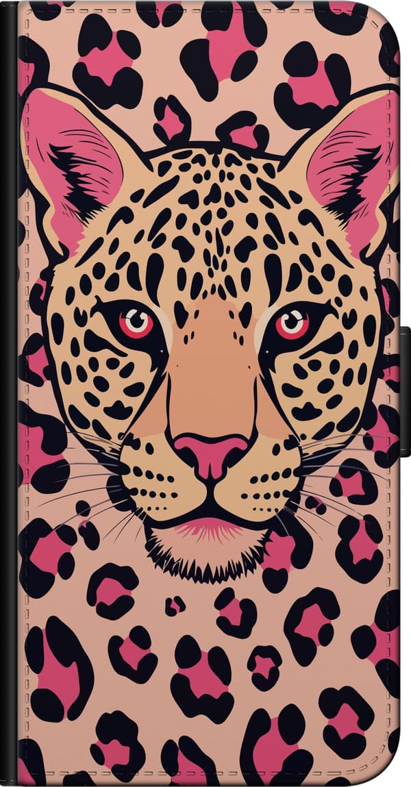 Kompatibel Tegnebogsetui til Huawei P40 lite E Illustreret leopardhoved og sorte leopardpletter på lyserød baggrund pink