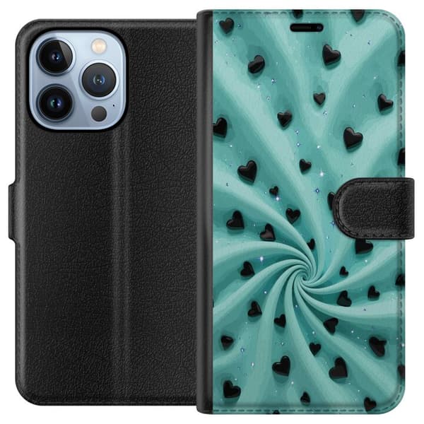 Kompatibel Tegnebogsetui til Apple iPhone 13 Pro Turkis hvirvelbaggrund med sorte hjerter og glitrende stjerner turkis