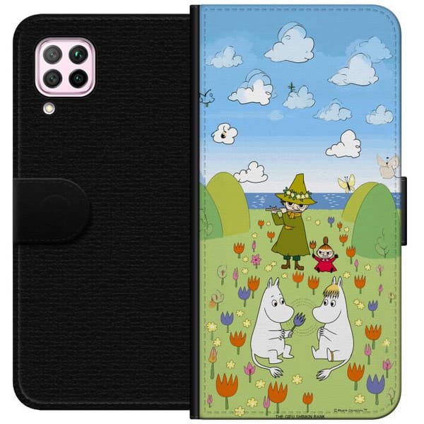 Kompatibelt Plånboksfodral till Huawei P40 lite Mumin i blomsteräng grön