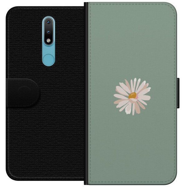 Nokia 2.4 Lompakkokotelo Vihreä Minimalikukka - tyylikäs kukka vihreällä taustalla