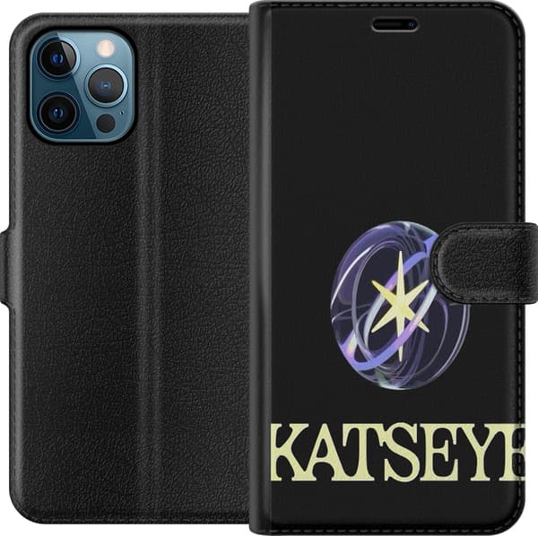 Kompatibel Tegnebogsetui til Apple iPhone 12 Pro Max KATSEYE-logo med gul stjerne, lilla omløbsringe og lys typografi på sort baggrund sort
