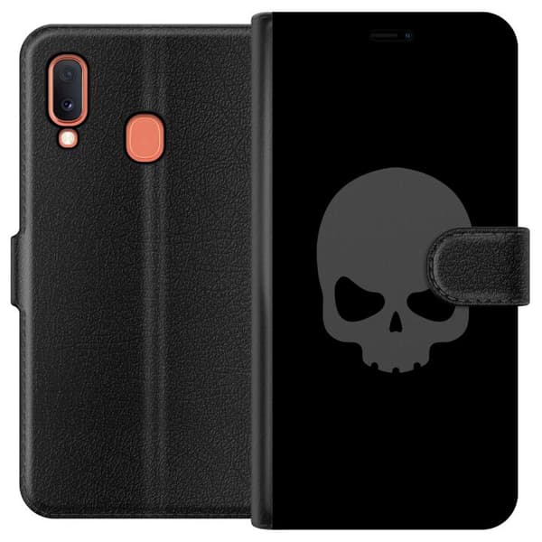 Kompatibel Tegnebogsetui til Samsung Galaxy A20e Enkel dødningehoved i grå tone mod sort baggrund, elegant og moderne design