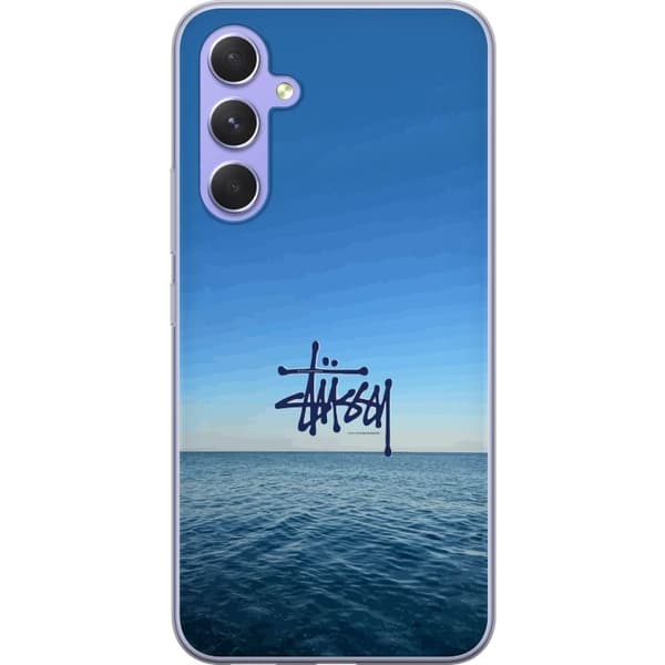 Kompatibelt Mobildeksel til Samsung Galaxy A54 Havspanorama med blå himmel og stilig surf-inspirert logo blå