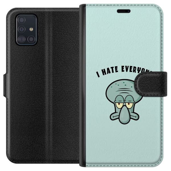 Kompatibel Tegnebogsetui til Samsung Galaxy A51 Tegnet utilfreds blækspruttefigur med teksten I Hate Everyone på lyse turkis baggrund blå