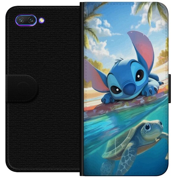Honor 10 Lompakkokotelo Stitch kilpikonnalla - söpö sininen avaruusolento trooppisessa rantaympäristössä Disneyn tapaan