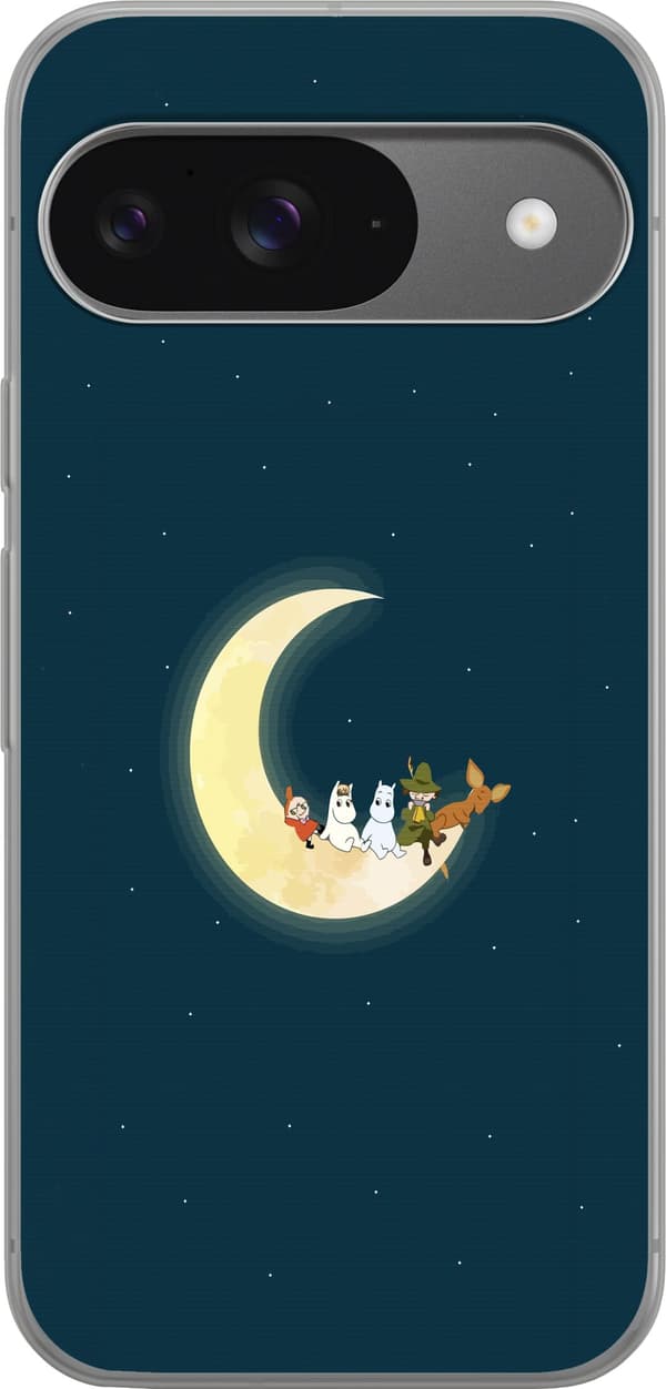 Kompatibelt Mobildeksel til Google Pixel 9 Mummitrollet og venner på halvmåne i nattehimmel stjerner drømmende illustrasjon blå