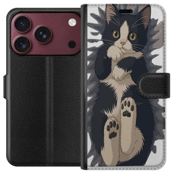 Kompatibel Tegnebogsetui til Apple iPhone 18 Pro Illustreret sort-hvid kat med synlige poter og store gule øjne sort