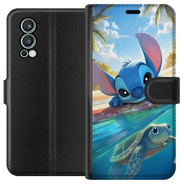OnePlus Nord 2 5G Tegnebogsetui Stitch med skildpadde - sød blå alien i tropisk strandmiljø fra Disney